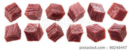 Cubes of raw beef meat isolated on white background Cubes of raw beef meat isolated on white background 90248447