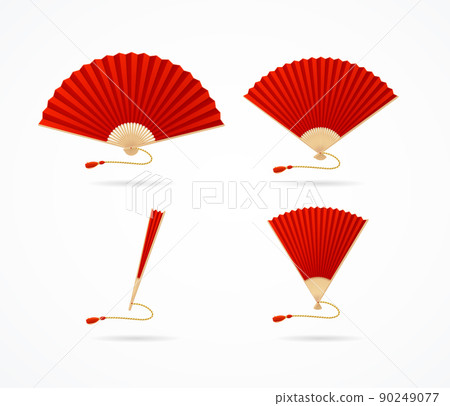 Realistic Detailed 3d Folding Asian Hand Fans Set. Vector 90249077