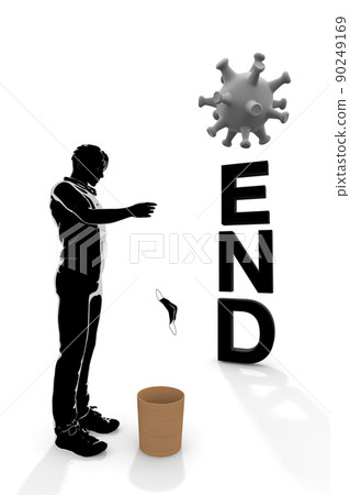 把口罩扔進垃圾桶。摘下面具的人。冠狀病毒流行消退。 90249169