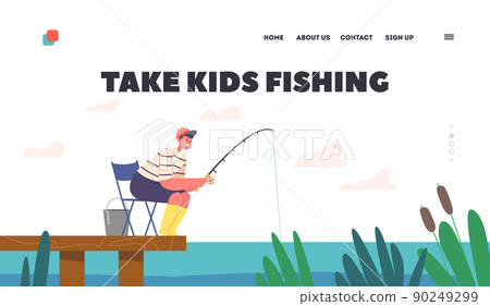 Boy Catching Fish on Pond Landing Page Template. Child Fisherman Fishing with Rod on Wooden Pier at River or Lake Boy Catching Fish on Pond Landing Page Template. Child Fisherman Fishing with Rod on Wooden Pier at River or Lake 90249299