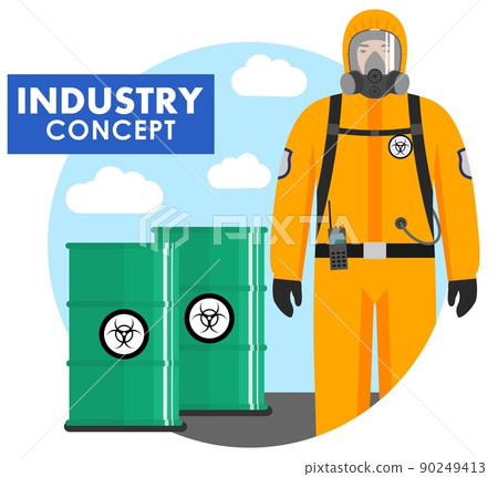 Industry concept. Detailed illustration of worker in protective suit on background of barrels with chemical, radioactive, toxic, hazardous substances in flat style. Vector illustration. Industry concept. Detailed illustration of worker in protective suit on background of barrels with chemical, radioactive, toxic, hazardous substances in flat style. Vector illustration. 90249413