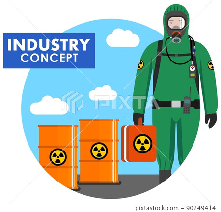 Industry concept. Detailed illustration of worker in protective suit on background of barrels with chemical, radioactive, toxic, hazardous substances in flat style. Vector illustration. 90249414
