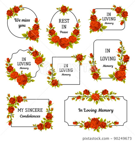 Funeral Red Rose Frame with Text Quote and Inscription Vector Set Funeral Red Rose Frame with Text Quote and Inscription Vector Set 90249673