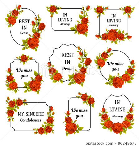 Funeral Red Rose Frame with Text Quote and Inscription Vector Set 90249675