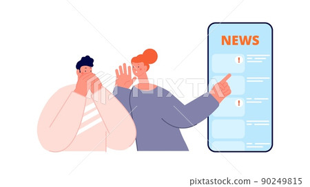 Man shocked daily news. People surprised, woman talk boyfriend about world situation. Information flow, mental disbalance and scare vector scene 90249815