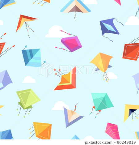 Kite seamless pattern. Flat color kites flying in sky between clouds. Bright cloth fabric print design, decorative vector texture Kite seamless pattern. Flat color kites flying in sky between clouds. Bright cloth fabric print design, decorative vector texture 90249819