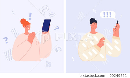 Information flow, online news noise. Surprised man and woman hold smartphone. Digital addiction, nervous system overload. Negative expression emotions vector concept Information flow, online news noise. Surprised man and woman hold smartphone. Digital addiction, nervous system overload. Negative expression emotions vector concept 90249831