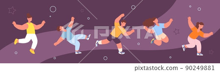 Falling happy cartoon children characters. Cute kids, boys and girls flying. Floating and free action in air, zero gravity experience vector people 90249881