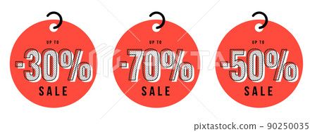 Sale tag set. Up to 30, 70, 50 percent off product or service tag. Different price-off and clearance on holidays or weekend vector illustration isolated on white background 90250035