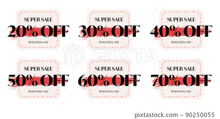 Super sale label sticker set. Sale label with 20, 30, 40, 50, 60, 70 percent off for price reduction. Limited time only discount badge label vector illustration isolated on white background 90250055