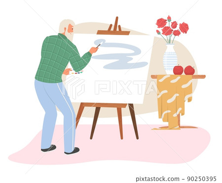 Old person vector aged man painting on canvas Old person vector aged man painting on canvas 90250395