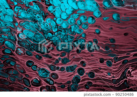 Fluid Art. Abstract mixing red waves and turquoise bubbles. Liquid flows splashes. Marble effect background or texture Fluid Art. Abstract mixing red waves and turquoise bubbles. Liquid flows splashes. Marble effect background or texture 90250486