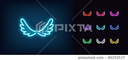 Outline neon wing icon. Glowing neon Bird wings silhouette in cartoon style, angel wings pictogram. Flight and freedom 90250537
