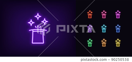 Outline neon magic hat icon. Glowing neon magical hat with rays and stars, wizard cap pictogram. Illusionist hat 90250538