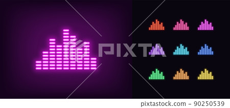 Outline neon music equalizer icon. Glowing neon sound equalizer with bars, soundwave pictogram. Musical track 90250539