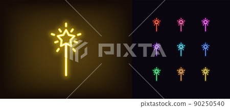 Outline neon magic wand icon. Glowing neon magical stick with star and rays, fairy wand pictogram. Wizard stick Outline neon magic wand icon. Glowing neon magical stick with star and rays, fairy wand pictogram. Wizard stick 90250540