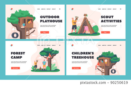 Kids Outdoor Activities Landing Page Template. Children Playing at Treehouse and Hut, Fun in Summer Forest Camp Kids Outdoor Activities Landing Page Template. Children Playing at Treehouse and Hut, Fun in Summer Forest Camp 90250619