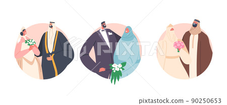 Arab Couples Wedding Ceremony Isolated Round Icons. Traditional Muslim Groom and Bride Characters Wear Festive Clothes 90250653