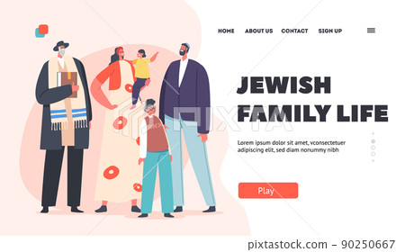 Jewish Family Life Landing Page Template. Traditional Orthodox Jew Parents, Grandfather and Kids Characters Jewish Family Life Landing Page Template. Traditional Orthodox Jew Parents, Grandfather and Kids Characters 90250667