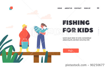 Fishing for Kids Landing Page Template. Children Fishermen Holding Big Fish and Bucket Stand on Wooden Pier, Kid Leisure 90250677