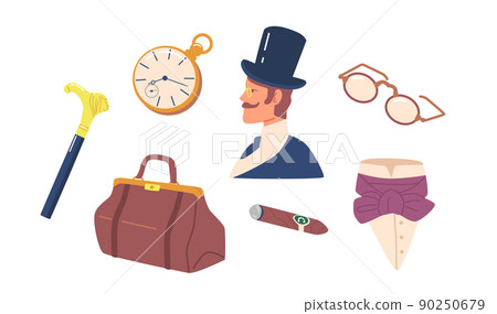 Set of 19th Century Gentleman Items Cigar, Valise Bag, Pocket Watch and Glasses. Walking Cane, Top Hat, Neck Tie 90250679