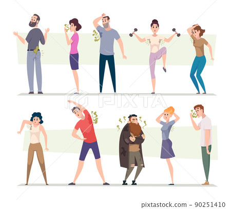 Smelly characters. Underarm disgusting persons body male and female ugly sweat people exact vector cartoon illustrations Smelly characters. Underarm disgusting persons body male and female ugly sweat people exact vector cartoon illustrations 90251410