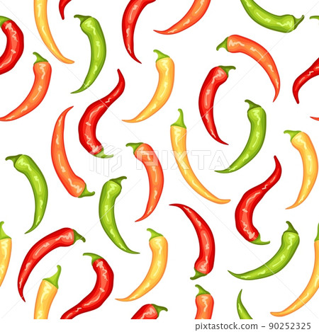 Pepper seamless pattern. Spicy vegetables, green red orange hot chili peppers background. Fresh cooking, organic raw food, neat vector print 90252325