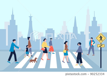 Crosswalk. Road traffic, downtown pedestrian and people crowd. Urban city pedestrians on street, man woman kid walk in town, recent vector scene Crosswalk. Road traffic, downtown pedestrian and people crowd. Urban city pedestrians on street, man woman kid walk in town, recent vector scene 90252334