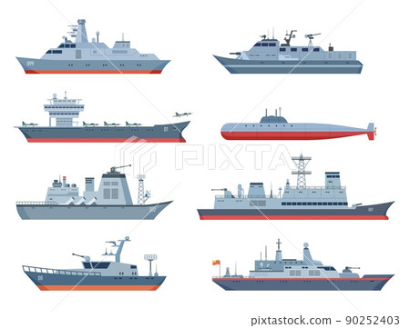 Military boats. Navy ship, sea or ocean transport. War boat with fighter aircraft. Isolated flat submarine, battleship and speedboat. Vessels exact vector set Military boats. Navy ship, sea or ocean transport. War boat with fighter aircraft. Isolated flat submarine, battleship and speedboat. Vessels exact vector set 90252403
