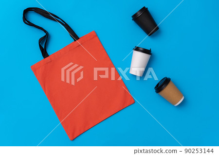 Textile shopping bag and coffee cup flat lay Textile shopping bag and coffee cup flat lay 90253144
