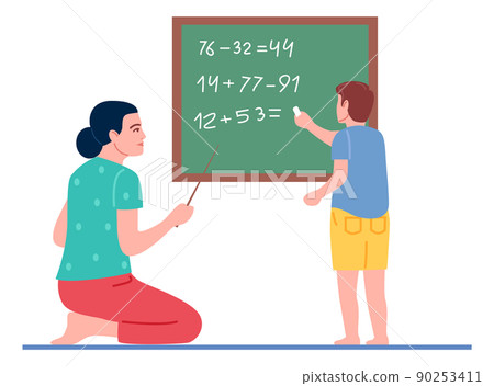 Woman teaching math to little boy. Home education concept Woman teaching math to little boy. Home education concept 90253411