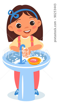 Little girl washing hands in basin. Child hygiene 90253443
