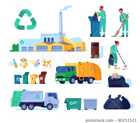 Garbage collection service. Litter disposal. Scavengers characters with broomstick. Waste recycling plant. Dumpsters and trash truck. Rubbish sorting bins. Vector refuse cleaning set Garbage collection service. Litter disposal. Scavengers characters with broomstick. Waste recycling plant. Dumpsters and trash truck. Rubbish sorting bins. Vector refuse cleaning set 90253521