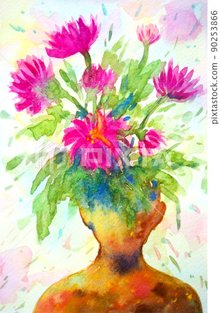 mind flower human head mental spiritual abstract art watercolor painting illustration design drawing 90253866