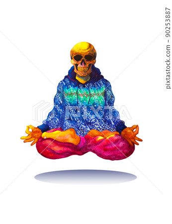 sugar skull dead human meditate mind mental health yoga chakra spiritual healing watercolor painting illustration design 90253887