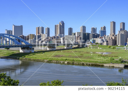 武藏小杉的塔樓公寓和住宅區從玉川台公園俯瞰多摩川 武藏小杉的塔樓公寓和住宅區從玉川台公園俯瞰多摩川 90254115