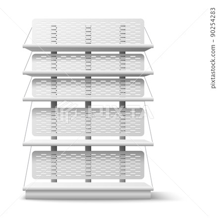 Empty shelving stand. Realistic shopping shelves. Isolated supermarket and stores furniture. Front view rack. White showcase for merchandise presentation. Vector shop interior object Empty shelving stand. Realistic shopping shelves. Isolated supermarket and stores furniture. Front view rack. White showcase for merchandise presentation. Vector shop interior object 90254283