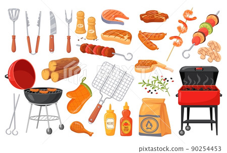 Cartoon bbq elements. Summer barbecue, burning grill picnic food roasted beef steak fish meat menu cooking chef grilling hamburger kebab sausage vegetable, neat vector illustration Cartoon bbq elements. Summer barbecue, burning grill picnic food roasted beef steak fish meat menu cooking chef grilling hamburger kebab sausage vegetable, neat vector illustration 90254453