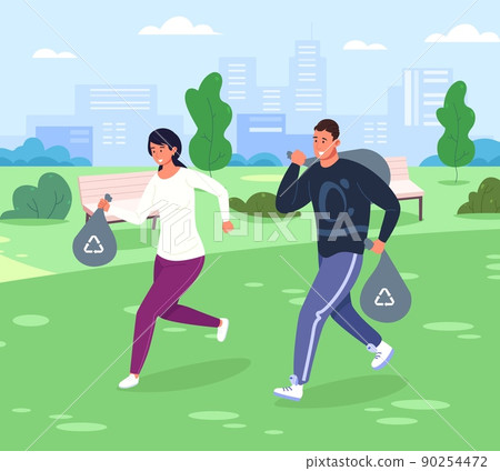 Plogging. Jogging challenge cleanup of forest environment, volunteer run with garbage bag, combination sport and eco cleaning nature 90254472