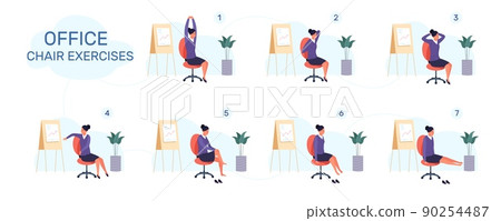 Workout office chair. Yoga stretch excercice, sitting exercises break business work, businesswoman posture fitness meditation, stretching flexible back, garish vector illustration 90254487