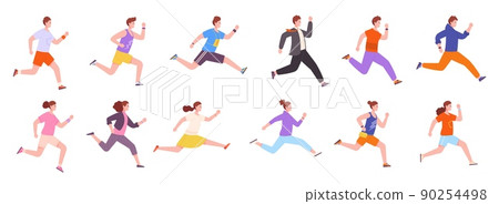 Profile running people. Rush to success, character moving runner man woman, jogging determined person urgent aim, isolated run movement sport athletes, splendid vector illustration Profile running people. Rush to success, character moving runner man woman, jogging determined person urgent aim, isolated run movement sport athletes, splendid vector illustration 90254498