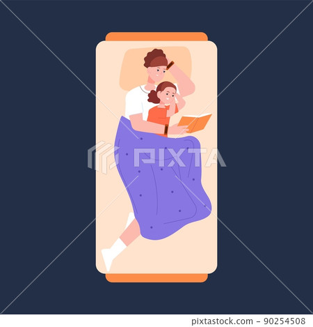 Mom and child reading in bed. Mother read kid fairy story bedtime, night book storytelling, love parent care baby home evening mum with children family routine, vector illustration 90254508