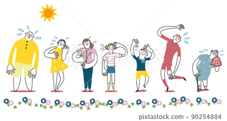 Various people who are hot and sweaty under the summer sun Illustration material 90254884
