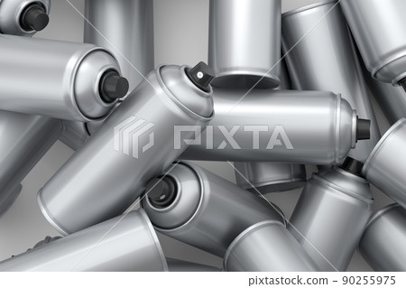 Lots of flying spray paint cans on white background. Spray bottle and dispenser Lots of flying spray paint cans on white background. Spray bottle and dispenser 90255975