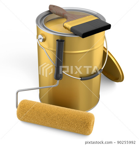 Open metal can with paint roller and bristle brush on white background. Open metal can with paint roller and bristle brush on white background. 90255992