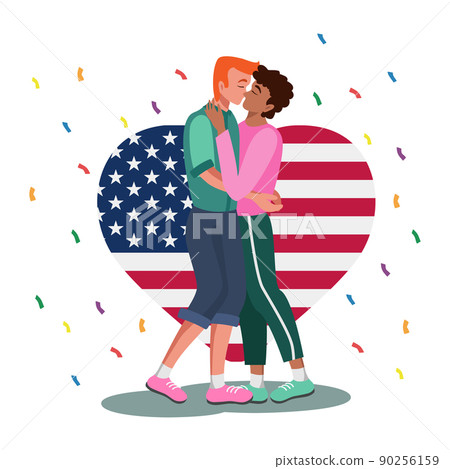 LGBT family on the background of the USA flag, two men kissing on a white background - Vector LGBT family on the background of the USA flag, two men kissing on a white background - Vector 90256159