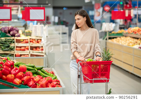 Young adult woman wearing casual outfit walking along aisles with shopping cart choosing things to buy in modern store Young adult woman wearing casual outfit walking along aisles with shopping cart choosing things to buy in modern store 90256291