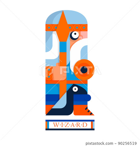 Gray-haired wizard-warrior with a raven and a spear 90256519