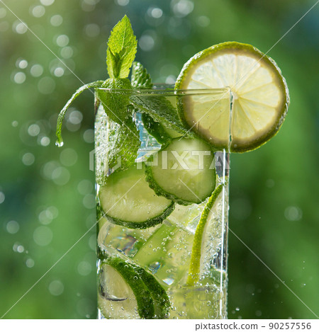 in a transparent glass a refreshing drink with cucumber, lemon and mint, close-up 90257556