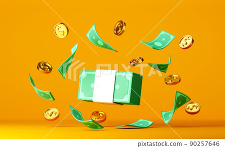 Bundle cash, floating bills and coins around on bright yellow background Bundle cash, floating bills and coins around on bright yellow background 90257646